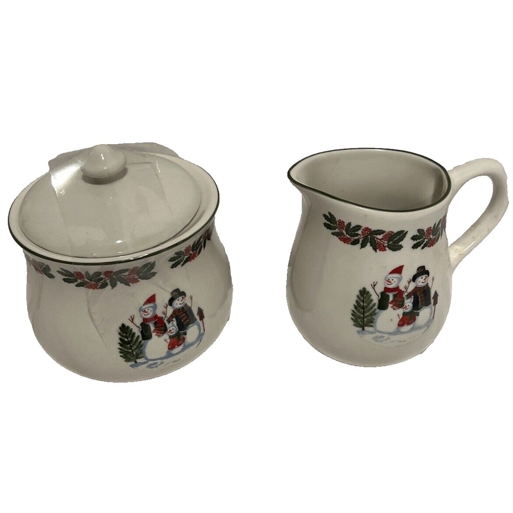 Cute GEI Holiday Snowman Family Sugar And Creamer Set. Trimmed With Holly‎